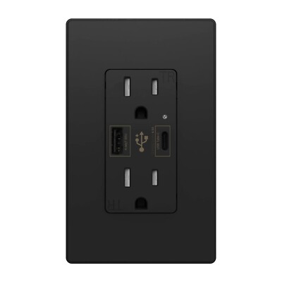1 Pack Outlet With USB C & A, 4.8A Receptacle 15 Amp,Wall Socket Plate Black
