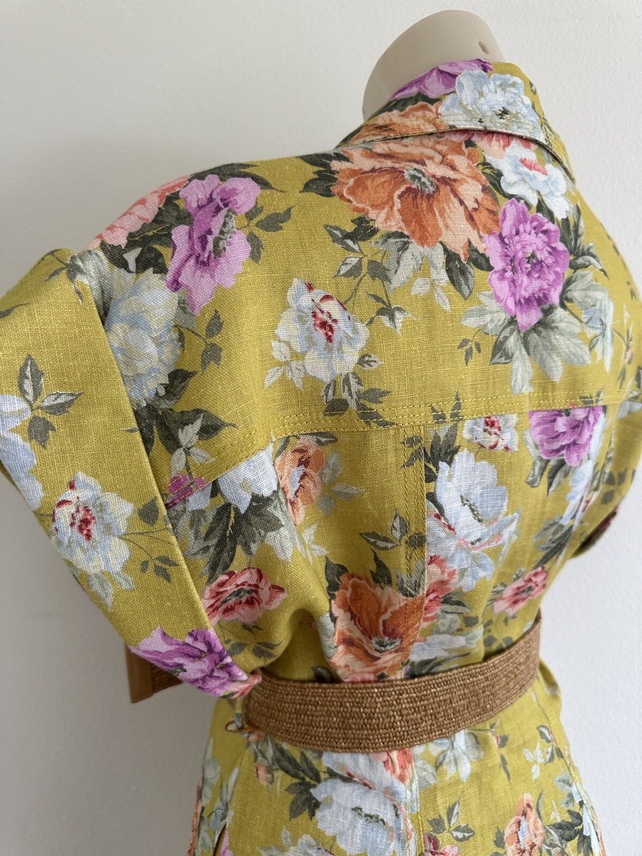 Zimmermann Belted Floral Print linen mini shirt dress Chartreus Yellow Size  1 S | eBay