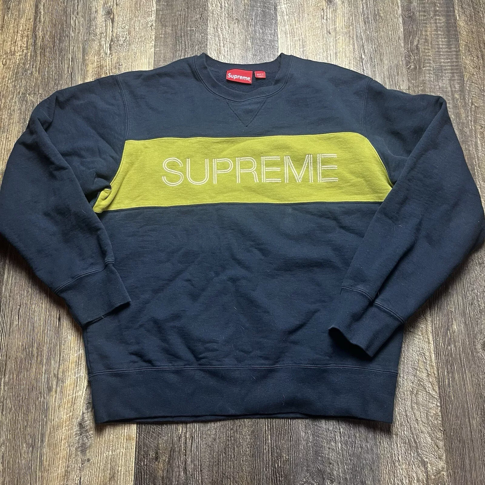 Sweat shirt Supreme Zig Zag Stitch Panel col rond logo bleu marine taille L