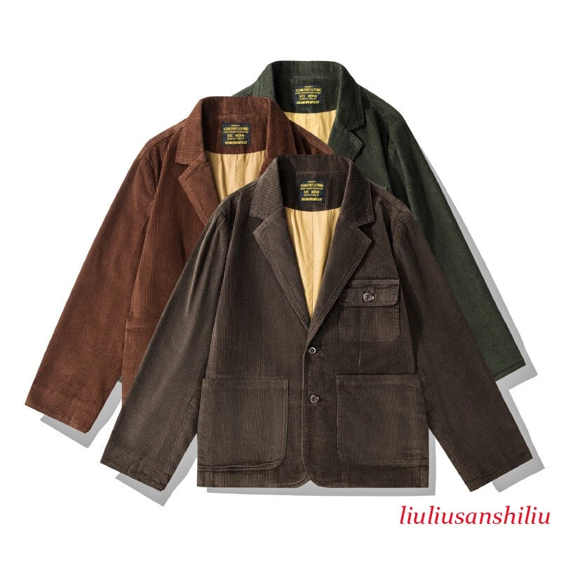 Mens Retro Thick Corduroy Blazer Casual Cargo Jacket Amekaji Work Clothes