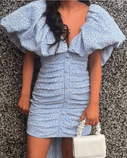 ASOS Luxe Bardot Jacuard Blue Floral Womens Mini Dress Sz 12