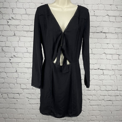 Stevie May Black Lightweight Long Sleeve Tie Front Pleated Zipped Dress Size S