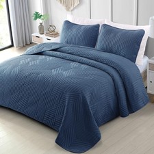Ultrasonic King Quilt Bedding Set, Lightweight Navy Blue Bedspreads Soft Modern