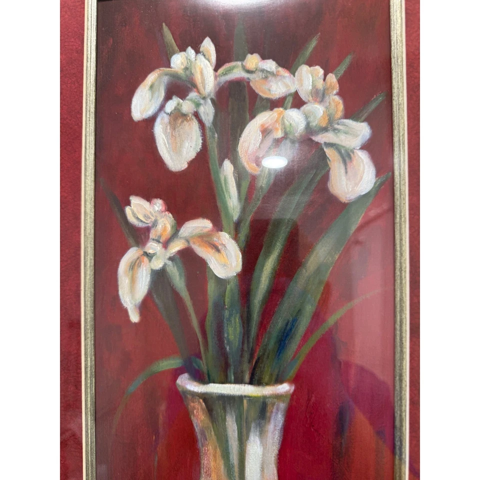 Pintura Flor Iris Enmarcada, Peines Joyce Firmados, Arte Floral Pared Marco Tono Dorado Foto 2 de 4
