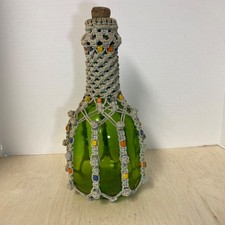 VTG MCM Macrame Green Glass Bottle Wood Beads Boho 12  Retro 70s Genie