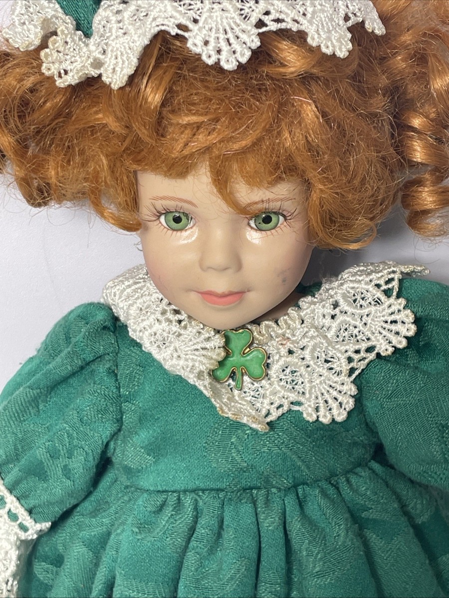 Vintage Porcelain Musical Doll Girl Green Dress Red Hair Green