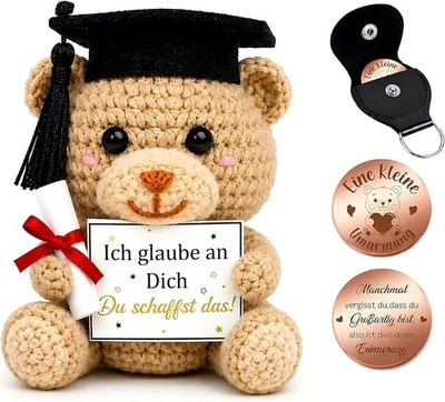 Giftota Abschluss Geschenk 2026, Handgehäkelter Bär mit Glücksmünze & Lederetui