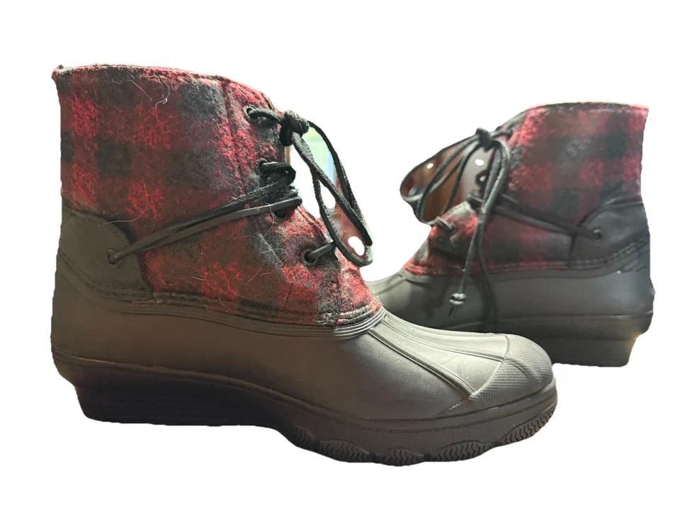 Botas de pato de cuña de agua salada Sperry para mujer talla 8M negras y rojas a cuadros impermeables Foto 3 de 4