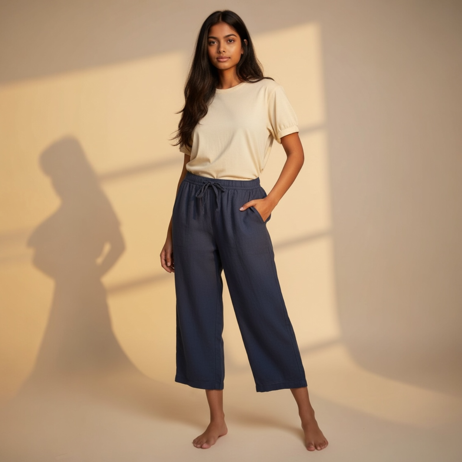 Splendid Linen Blend Wide Leg Crop Pants Navy Blue Drawstring Waist Size L