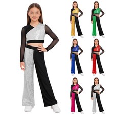 Kids Girls Dancewear Stage Outfit Dance Sets V-Neck Color Block Competitions