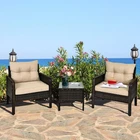 3PCS Patio Outdoor Rattan Furniture Set w/ Cushioned Chairs Coffee Table