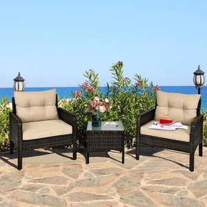 3PCS Patio Outdoor Rattan Furniture Set w/ Cushioned Chairs Coffee Table