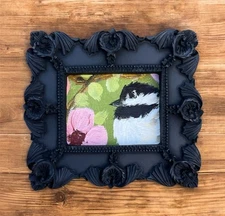 Chickadee bird & Flower mini watercolor print in vintage style ornate frame