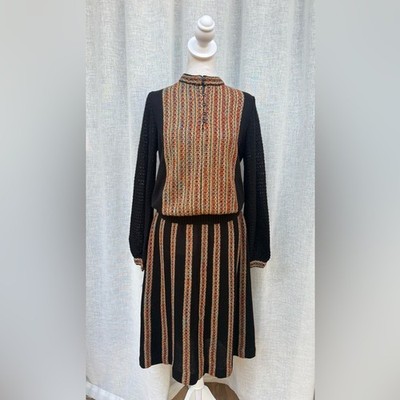Vintage made in Greece Black orange knitted sweater skirt set