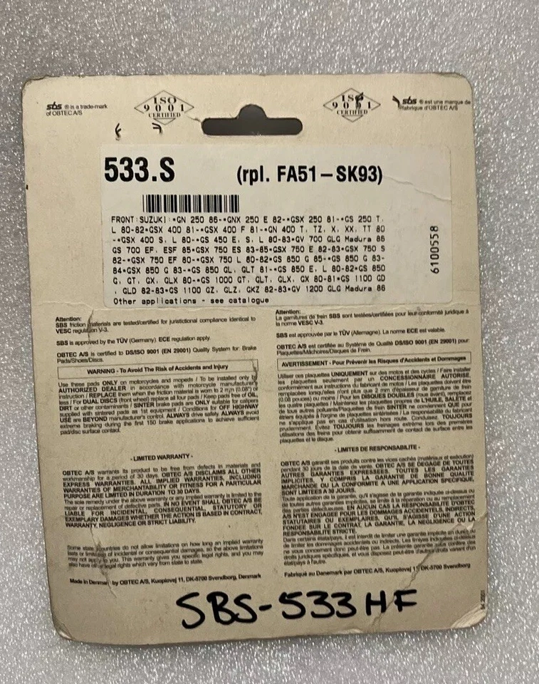 Pastillas de freno de cerámica SBS - 533HF - HF Foto 2 de 2