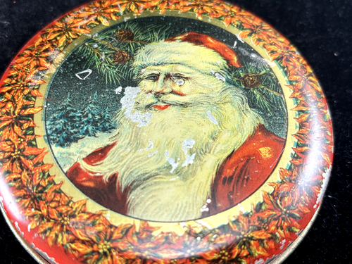 Vintage Tin Lithograph Round Christmas Box Santa Claus TINDECO - Picture 3 of 9