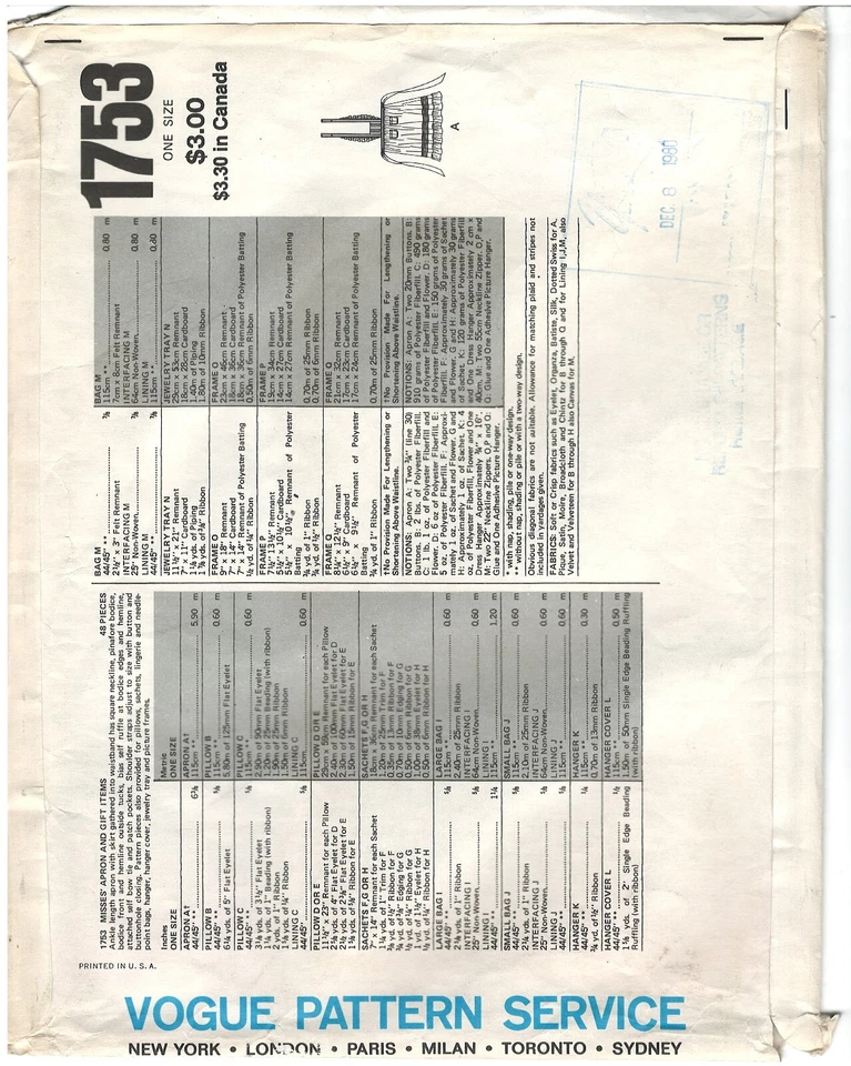 Vogue Patterns 1753 Misses Apron Gift Items One size sewing pattern uncut Vtg - Image 2 of 3