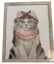 Framed Jewelry Picture Art Princess Cat with Pink Pearls Design by Betty