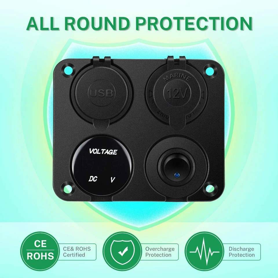 Cargador de enchufe USB doble de 4 velocidades 1 panel voltímetro LED verde + toma de corriente de 12 V coche Foto 3 de 4