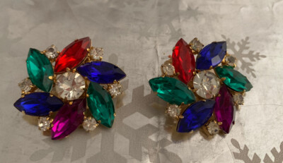  DAZZLING GOLD-TONE  CRYSTAL Marquis Cut RHINESTONE PINWHEEL CLIP EARRINGS