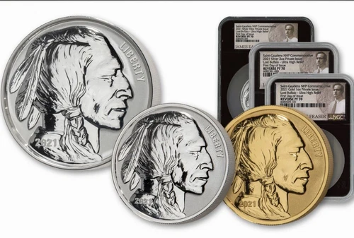 2021 Lost Buffalo Rev St Gaudens PF70 NGC 3-Coin Set 1-Oz GOLD 2 & 10-Oz Silver