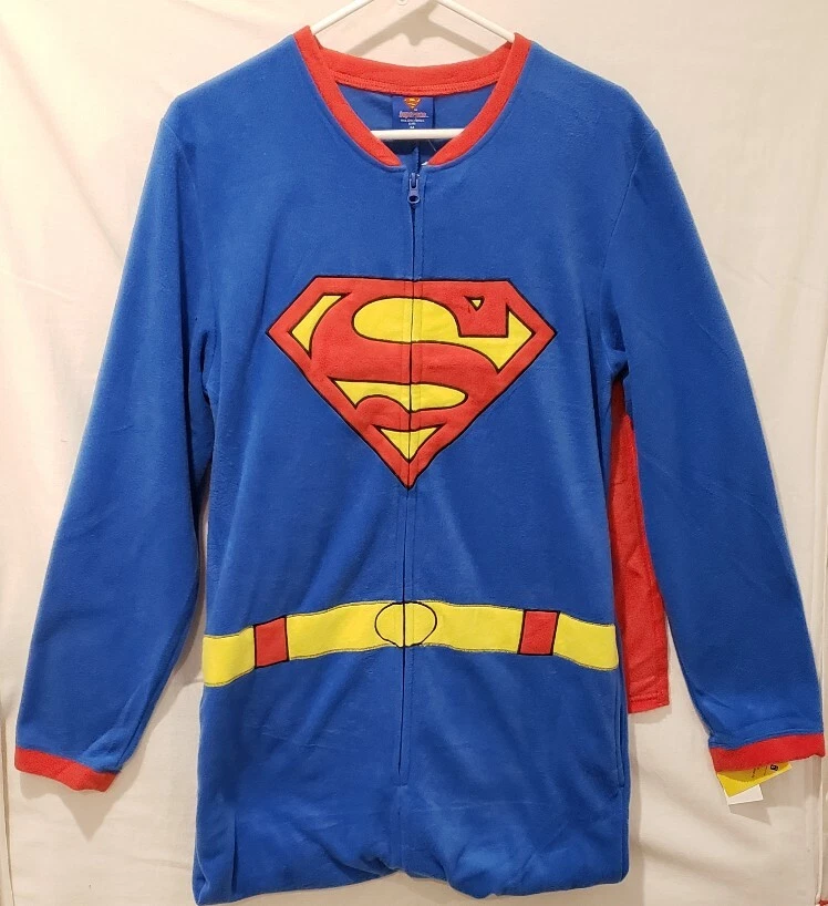 Adult Superman Fleece One Piece Pajamas Union Suit Detachable Cape Men s Medium