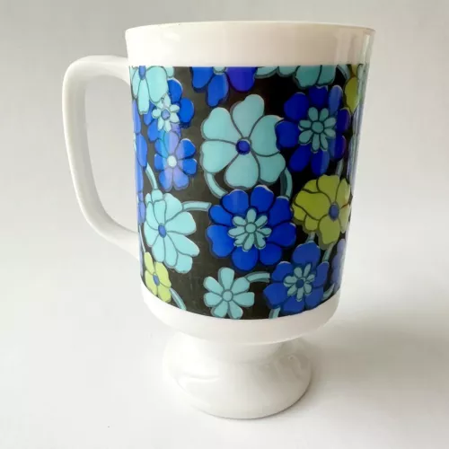Groovy Vintage Floral Mug - Blue Mod Flowers Footed Coffee Cup