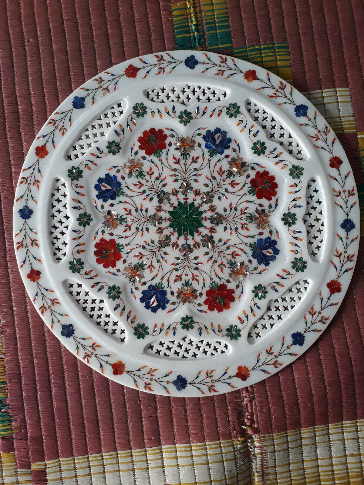 15" Marquetry Floral dish Marble plate decorative handmade inlay art decor k121
