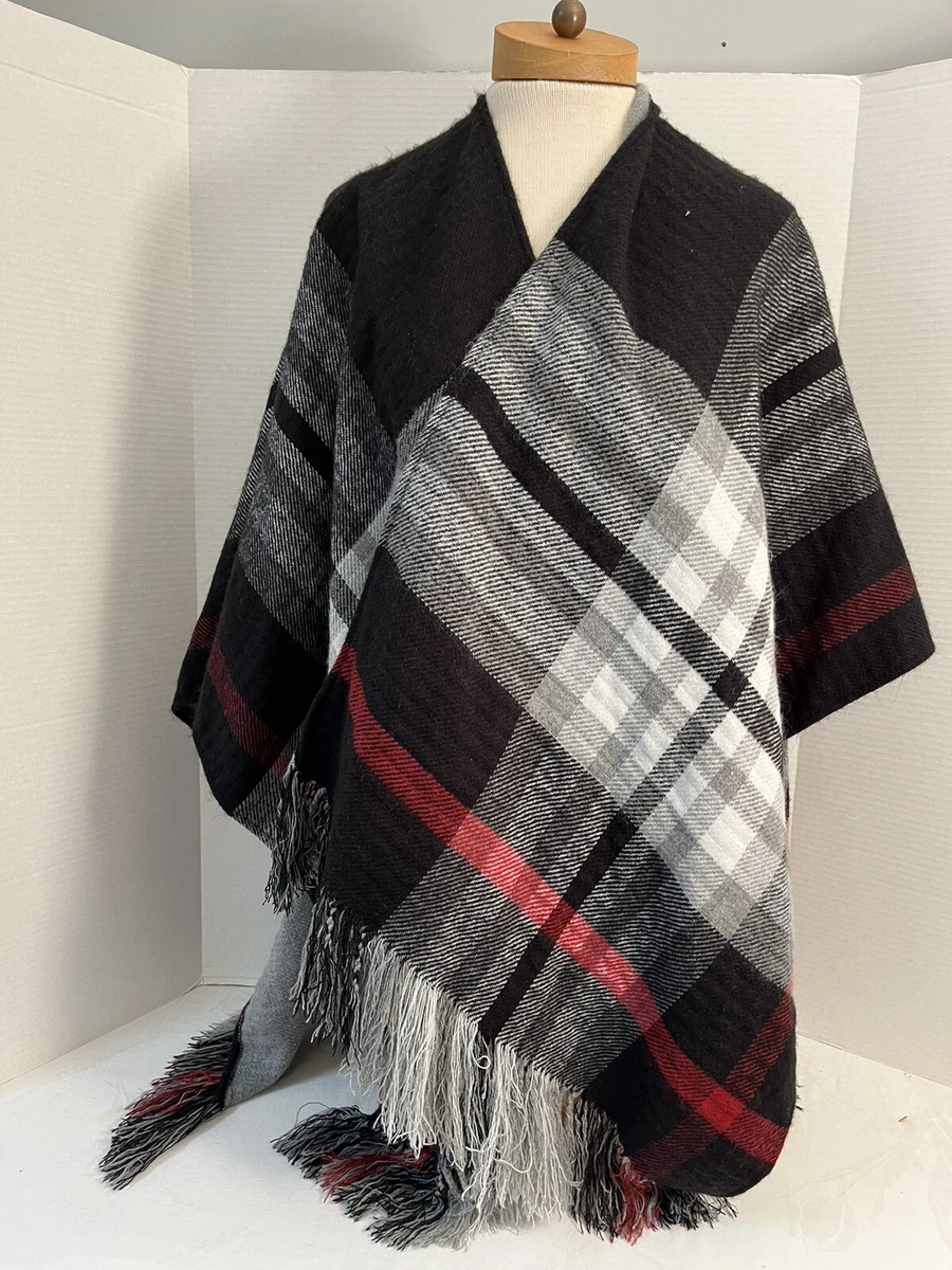 Lord @ Taylor Black Plaid Fringed Shawl Wrap Coverup Soft Acrylic One Size  | eBay