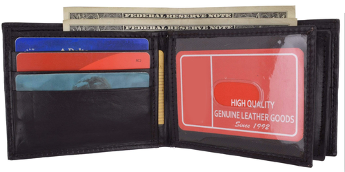 RFID Blocking Black Men's Genuine Leather Bifold Wallet 2 Flap ID Card Holder - Picture 2 of 8