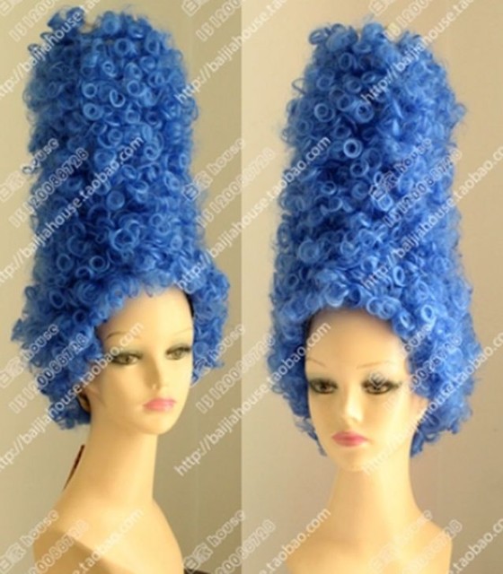 Halloween Cartoon Blue Marge Simpson Beehive Curly wig Fancy Dress Costume