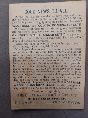 Tarjeta coleccionable de publicidad victoriana vintage de The Great American Tea Company - Imagen 2 de 2