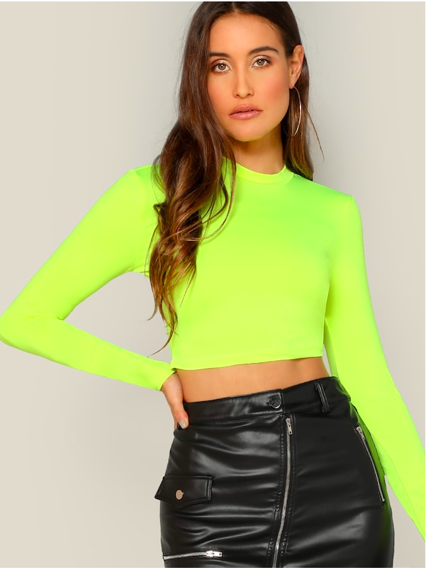 Neon Hot Green Long Sleeve Slim Fitted Solid Sexy Shirt Crop Tee Top Sz XS  S M L | eBay