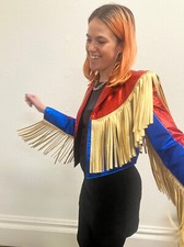 Rare Leather Metallic Red Blue Fringe Tassel Jacket Western Festival Wedding