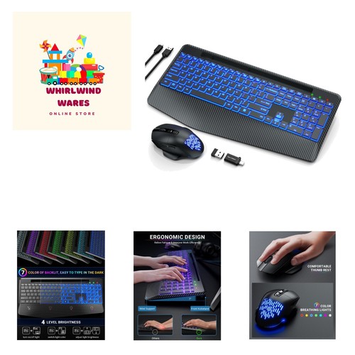 Keyboard and Mouse Wireless Combo with 7 Changeable Backlits Color, Wrist Res...