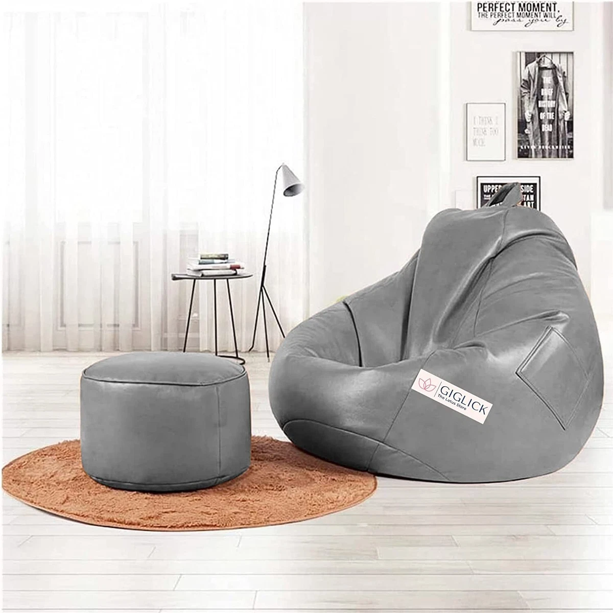 Grey Bean Bag Cover Chair with Footrest Cover Without Beans XXXL