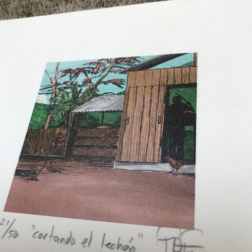 Aquarelle Drucke Paar ""Weihrauch"" & ""Cortando El Lechon"" signiert von PR-Künstler - Bild 8 von 8