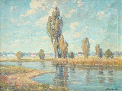 MONET LIKE ORIGINAL VINTAGE RURAL RIVER LANDSCAPE w/ POPLARS OIL PAINTING ART - Picture 6 of 7
