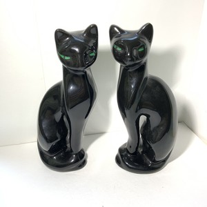 复古mcm 黑色陶瓷暹罗猫摆件时尚绿色眼睛台湾 Ebay