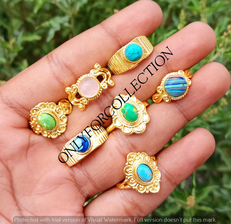 Розовый кварц и смесь драгоценных камней 925 золото покрытием оптовая продажа богемные кольца лот - Изображение 4 из 4