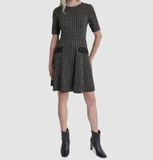 DKNY Womens Black Jewel-Neck Short-Sleeve Fit & Flare Dress Size 12