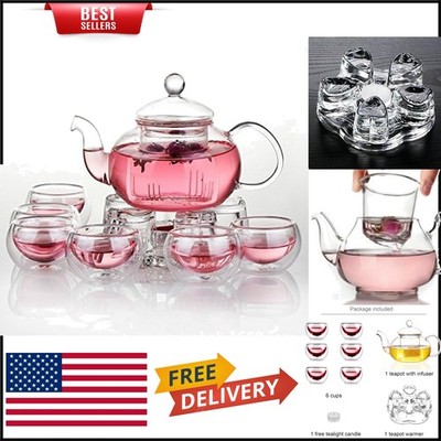 Artistic Glass Tea Set: 11 PC with 27 Oz Teapot & 6 Aesthetic Double-Walled Cups