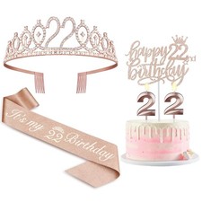 22nd Birthday Decorations Women Rose Gold Sash Tiara Cake Topper Supplies