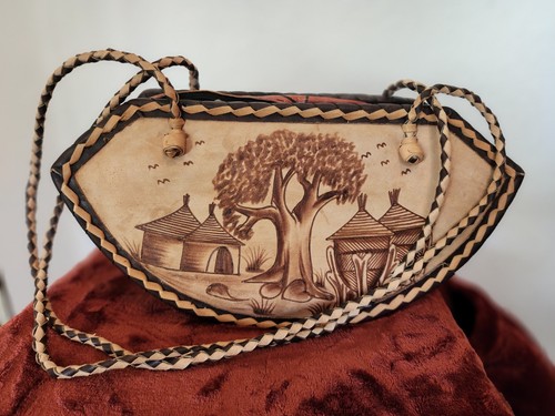 Authentic Handmade African Curved Shoulder Bag Leather and Straw