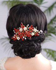 Red Crystal Gold Hair Side Piece Pearl Hair Comb for Wedding Girls Bridal Sho...