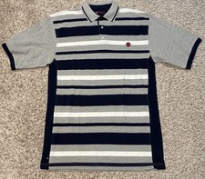 Mecca Polo Shirt Mens L Blue Gray Striped Short Sleeve Collared Logo MINT