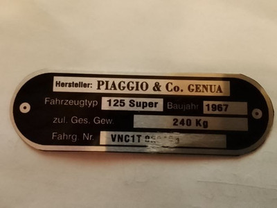 Typenschild ID-plate data plate vespa 125 Super  VNC1T Roller Schild S106