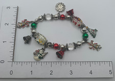 Christmas Stretch Bracelet Glass Beads Silver Tone Red Green Snowman Charm