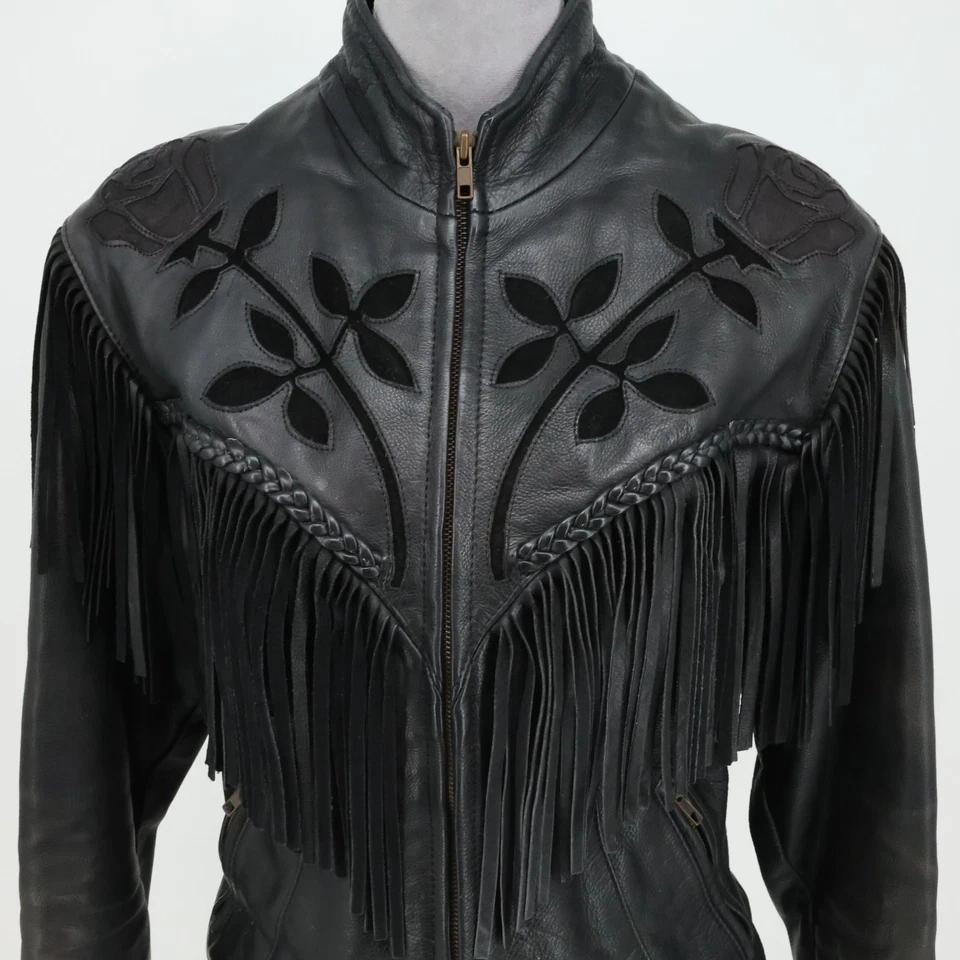 Jaqueta de couro franja feminina grande preta com zíper completo recorte forrada cowgirl faroeste - Imagem 4 de 4