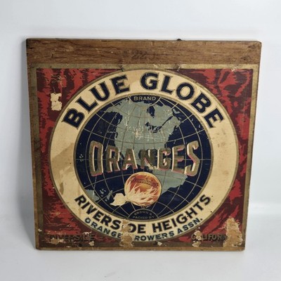 VTG Box End Blue Globe Oranges Label Wood Crate Advertising Riverside Heights 